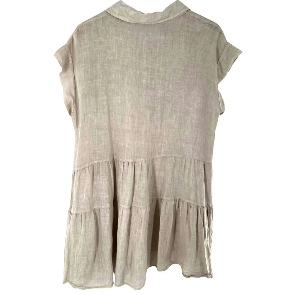 Meo Meli Italy Oatmeal 100% Linen Tiered Shirt Dress OS One Size - Picture 3 of 6